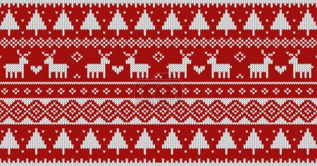 Foto de Jersey de Navidad patrón de punto con ciervos y árboles. Adorno blanco sobre fondo rojo. Diseño vectorial. - Imagen libre de derechos