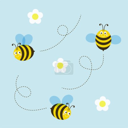 Bees flying over the flowers. Flat design. Vector illustration.
