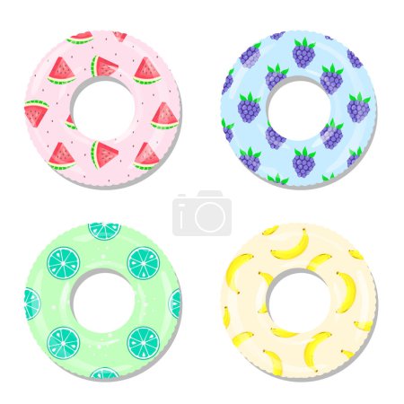 Illustration for Inflatable swim rings with fruit and berry patterns. Vector design. - Royalty Free Image