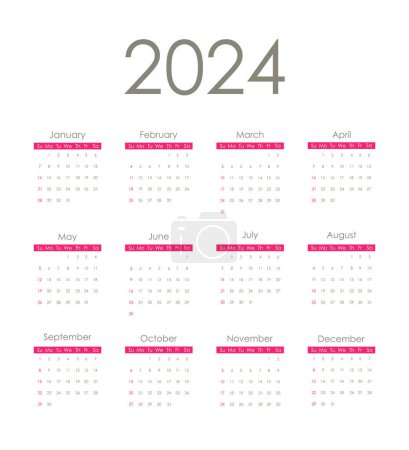 Foto de Calendario 2024 rojo. La semana comienza el domingo. Diseño vectorial. - Imagen libre de derechos