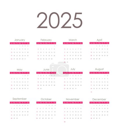 Foto de Calendario 2025 rojo. La semana comienza el domingo. Diseño vectorial. - Imagen libre de derechos