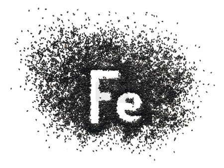 Téléchargez les photos : Élément chimique - Fe. Le mot Ferrum sous forme abrégée est écrit en graines de sésame noir sur fond blanc. Le concept de saine alimentation, le fer, le végétarisme et le métabolisme. - en image libre de droit