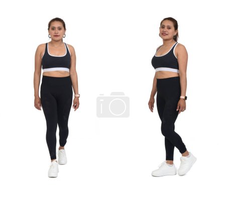 Photo for Front and side view of same woman with sportswear walking on white backgrouond - Royalty Free Image