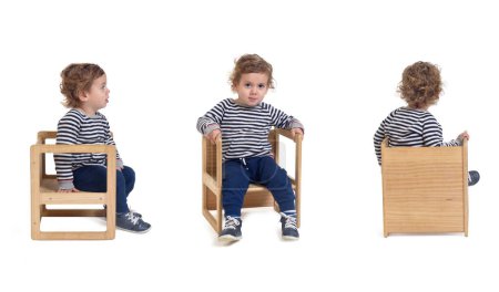 Téléchargez les photos : Vue avant, latérale et arrière d'un même bébé assis sur une chaise sur fond blanc - en image libre de droit