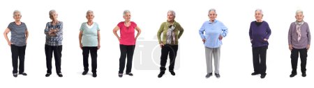 Photo for Line of  front view of the same woman senior in different outfits at different times in her life on white background - Royalty Free Image