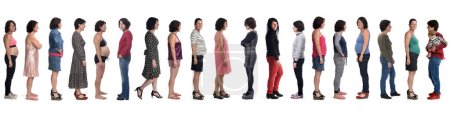 Photo for Line of side view of the same woman in different outfits at different times in her life on white background - Royalty Free Image