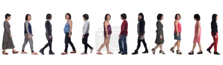 Photo for Side view of the same woman in different outfits at different times in her life walking on white background - Royalty Free Image