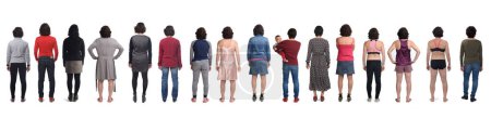 Photo for Line of back view of the same woman in different outfits at different times in her life on white background - Royalty Free Image