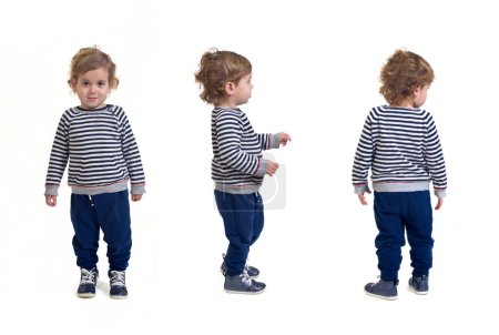 Téléchargez les photos : Vue avant, latérale et arrière d'un groupe de même bébé garçon debout sur fond blanc - en image libre de droit