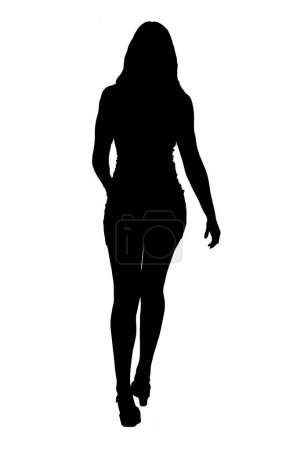 Photo for Black and white silhouette of rear view of a young girl walking on white background - Royalty Free Image