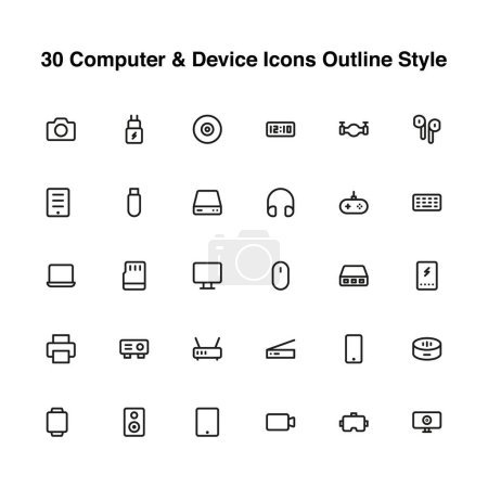 Illustration for Illustration vector graphic icon of 30 Computer And Device Icons Set. Outline Style Icon. Vector illustration isolated on white background. Perfect for website or application design. - Royalty Free Image