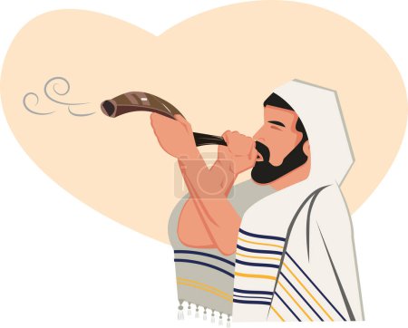 Illustration for A man in a tallit blowing a shofar - Royalty Free Image