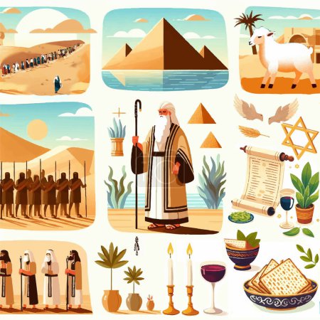 Illustration for Passover, exit of the Jews from Egypt, flat design, set - Royalty Free Image