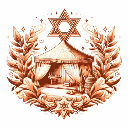 Illustration for Decorative Sukkah - Vector illustration of sukkah with decoration and holiday symbols. - Royalty Free Image