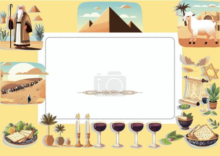 PrintPostcard, invitation, personalized on the table, landscape orientation. Jewish holiday of the exodus from Egypt. Collection with Seder plate, food, matzo, wine, torus, pyramid. Isolated on sand backgr