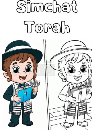 Créer une page à colorier Simchat Torah. garçon dansant avec un parchemin et menorah. Illustration vectorielle linéaire noir et blanc. Coloriages pour enfants.