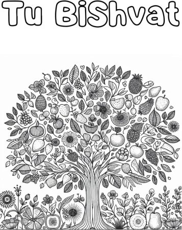 Creating a Tu Bishvat coloring page. Tree with fruits Black and white linear vector illustration. Coloring pages for children.