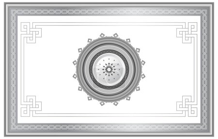 Stretch Decke Dekoration Bild. Silbergrau glänzende dekorative Rahmen. Kreisförmiges islamisches Muster in der Mitte.