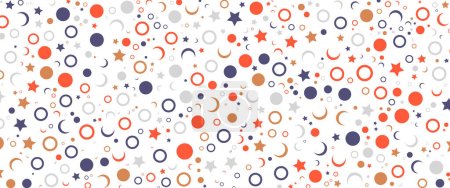 Kreisförmiges und sternförmiges Muster in orange und grau auf weißem Hintergrund. Flaches Design. Bild für Textildruck, Deckendekoration, Tapete, Packpapier, Wanddekor.