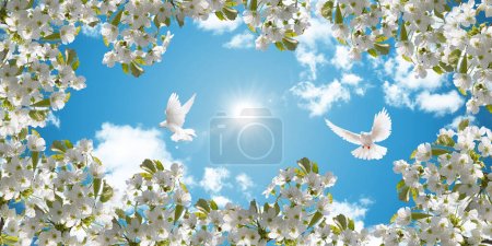 Photo for 3D stretch ceiling decoration pattern. White cherry blossoms and flying white doves. Beautiful sunny sky background. - Royalty Free Image