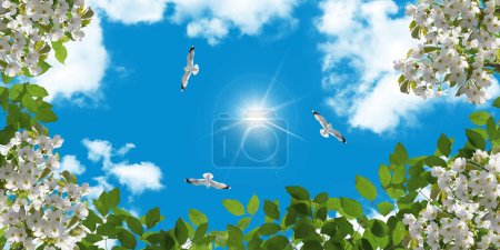 Téléchargez les photos : Green tree leaves, flying seagulls and sunny sky. 3d stretch ceiling decoration image. Bottom up view of sky - en image libre de droit