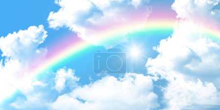 Photo for Sky background image. Beautiful blue sky, white clouds, sun and rainbow. - Royalty Free Image