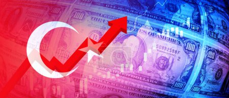 Bandera turca, billetes de dólar, gráfico bursátil y datos financieros subiendo flecha roja. Empleo, intereses, inflación, recesión e imagen de fondo del concepto financiero
