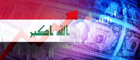 irakische Flagge, Dollarscheine, Börsendiagramm und steigende rote Pfeil Finanzdaten. Beschäftigung, Zinsen, Inflation, Rezession und Finanzkonzept Hintergrundbild