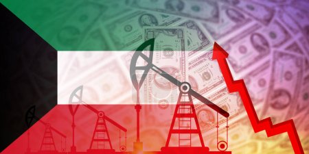 Kuwait Flagge Öl, Gas, Brennstoffindustrie und Krisenkonzept. Wirtschaftskrise, Rezession, Preisdiagramm. Ölquellen, Börse, Devisenwirtschaft, Handel, Ölförderung