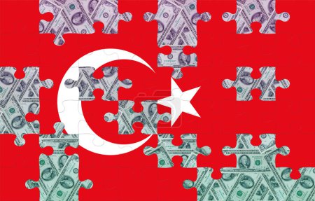 Foto de Rompecabezas con la bandera nacional de Turquía en el fondo del billete de dólar. - Imagen libre de derechos