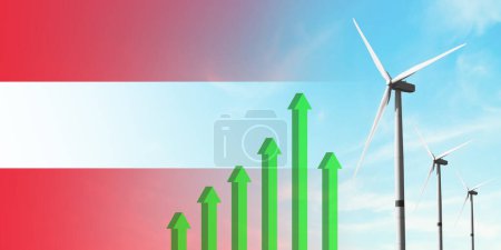 Foto de Austria bandera y turbina eólica, fuente de energía ecológica renovable. Eficiencia y desarrollo económico. Gráfico verde ascendente. Concepto energético. - Imagen libre de derechos