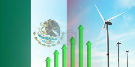 Foto de Bandera de México y turbina eólica, fuente de energía ecológica renovable. Eficiencia y desarrollo económico. Gráfico verde ascendente. Concepto energético. - Imagen libre de derechos