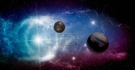 Foto de Escena espacial con luces de nebulosas, planetas, estrellas brillantes y galaxias distantes en el espacio profundo. Cosmos y espacio estrellado imagen de fondo - Imagen libre de derechos