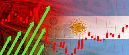 Photo for Argentina flag, dollar bills, stock market chart and rising green arrow. Financial data, exchange rate, employment, interest, inflation, recession and financial concept background image - Royalty Free Image