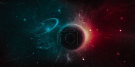 Téléchargez les photos : Planète étrangère inconnue, étoiles brillantes et nébuleuses dans l'espace sombre. Fond étoilé coloré de l'espace - en image libre de droit