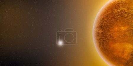 Foto de Estrella brillante, planeta y rayos de sol en el espacio oscuro - Imagen libre de derechos