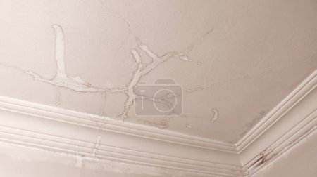 Photo for Dirty interior ceiling after water leak and moisture. Interior ceiling stained from water damage - Royalty Free Image