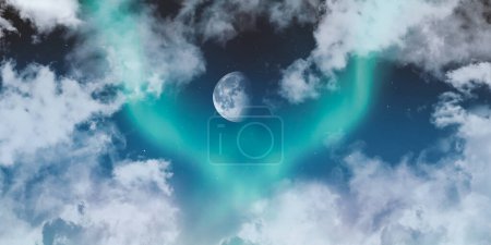 Photo for Green northern lights and bright moon in the night cloudy sky. - Royalty Free Image