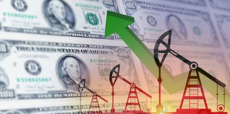 Rising oil prices. Oil rigs and dollars concept. Energy crisis and rise in crude oil prices.