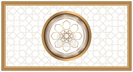 3d gold antique round ornament on islamic pattern background. Photo for stretch ceiling decoration.