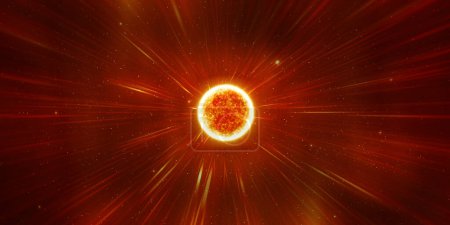 Foto de Tormenta solar, rayos extendiéndose al universo. Explosión solar. Estrella gigante brillante en el espacio oscuro. - Imagen libre de derechos