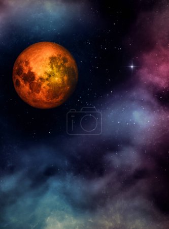 Red full moon in the night sky. Mysterious sky vertical photo