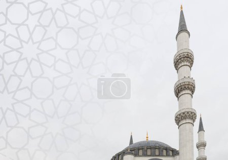 Islamic concept photo. Islamic style pattern and beautiful mosque view. Islamic holiday greeting card background.