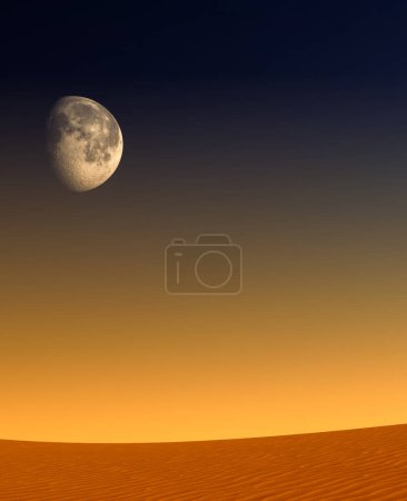 Sunset desert landscape. The moon shining over the sand dune.  Holy month Ramadan. Background image for social media posts and greeting card.