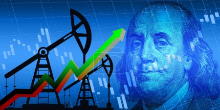 Anstieg der Rohöl- und Kraftstoffpreise. Steigender Pfeil, Porträt von Franklin und Bohrinseln im Hintergrund.