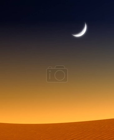 Luna creciente y vista al cielo en el desierto por la noche. Ramadán concepto creciente vista.