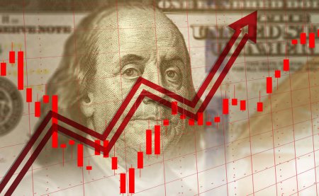 Rising red arrow. Portrait of Franklin and stock market chart in the background. Money, economic data and financial concept background image.