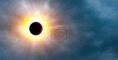 Total solar eclipse in dark blue sky. Natural phenomenon.