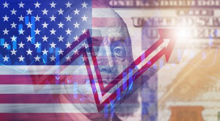 Money, economic data and financial concept background image. Rising red arrow. Portrait of Franklin, stock market chart and USA flag.