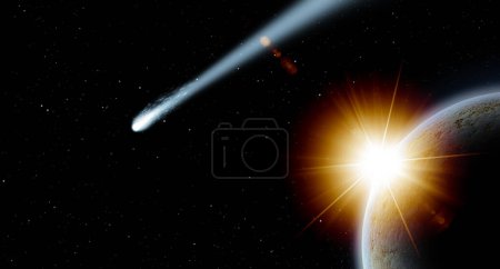 Comet passing near our planet Earth. Meteor impact danger.